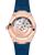 OMEGA Constellation co-axial Master Chronometer 41 mm, close-up of the watch's transparent case back revealing the intricate mechanical movement with purple jewel bearings and rose gold accents.