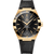 OMEGA Constellation co-axial Master Chronometer 41 mm watch, black dial with gold accents, gold case, black leather strap, luxury men's wristwatch.