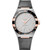 Omega Constellation Co-Axial Master Chronometer 41 mm watch, silver dial with rose gold accents, black and rose gold bezel, grey leather strap.