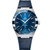 Omega Constellation Co-Axial Master Chronometer 41 mm watch, featuring a blue dial with Roman numeral hour markers, date display at 6 o'clock, and a blue leather strap.