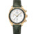 Omega Speedmaster 38 co-axial Chronometer Chronograph 38 mm, luxury men's wristwatch with a white dial, gold case, green leather strap, and chronograph features.