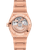 OMEGA Constellation co-axial Master Chronometer 39 mm watch, rose gold case with transparent case back revealing intricate mechanical movement.