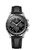 Omega Speedmaster Calibre 321 Chronograph 42 mm, black dial with three subdials, tachymeter bezel, silver case, and black leather strap.