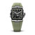 Valuchi Watches VALUCHI [ VT-EXP-GG ] watch, men's wristwatch featuring a square black dial with date and moon phase displays, green strap, and stainless steel case.