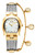 AIGNER Aigner Watch [AGW.273001], elegant gold and silver-toned wristwatch with a unique horse-shoe shaped gold case, matching gold hour and minute hands on a patterned dial, and a silver mesh strap, finished with attached gold chain charms featuring the G logo.