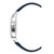 AIGNER Aigner Watch [AGW.244002], close-up side view of a stylish silver watch with a blue leather strap and a crown engraved with the Aigner logo.