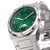 Valuchi Watches, luxury stainless steel wristwatch with green dial, Arabic numerals, moon phase sub-dial, and metal bracelet.