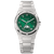 Valuchi Watches, men's stainless steel wristwatch with a green dial featuring Arabic numerals, moon phase and date subdials, and a silver strap.