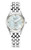 Roamer Watch, elegant silver wristwatch with mother-of-pearl dial, diamond hour markers, and stainless steel bracelet.