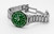 Roamer Watch, luxury stainless steel wristwatch with green dial, rotating bezel, and date display.