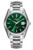 ROAMER WATCH, men's luxury wristwatch with green dial, stainless steel bracelet, date function, and automatic movement.