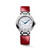 LONGINES Elegance PrimaLuna [L8.124.4.87.2], silver dial watch with blue hands, diamond hour markers, silver stainless steel case, and red leather strap.
