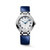 LONGINES Elegance PrimaLuna [L8.124.4.71.2], wristwatch with a silver dial, Roman numeral hour markers, blue hands, and a blue leather strap.