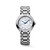 LONGINES Elegance PrimaLuna [L8.124.4.87.6], a luxurious silver women's wristwatch with a round face, mother-of-pearl dial, blue hands, and a stainless steel bracelet.