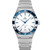 OMEGA Constellation Co-Axial 41mm watch, silver stainless steel bracelet and blue and white dial with Roman numerals and date display.