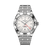 BREITLING Chronomat GMT 40, silver stainless steel wristwatch with white dial, red GMT hand, and chronograph features.