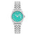 CERRUTI 1881 WATCH, stylish silver wristwatch with a turquoise dial, Roman numeral hour markers, date display, and metal bracelet.
