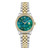 CERRUTI 1881 WATCH [CIWLH0024005] 4894816121440, luxury wristwatch with a gold and silver band, green mother-of-pearl dial, diamond bezel, and date display.
