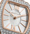 CERRUTI 1881 WATCH, Elegant women's rose gold-tone wristwatch with a square face surrounded by sparkling crystals, silver dial with Roman and stick markers, and mother-of-pearl center.
