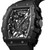 CERRUTI 1881 WATCH, a black skeleton dial watch with a geometric design, silver accents, and a black rubber strap.
