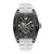 CERRUTI 1881 WATCH, a luxury men's wristwatch featuring a rectangular black dial with skeleton details, chronograph subdials, silver-toned hands, and a white strap.