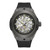CERRUTI 1881 WATCH, luxury men's automatic wristwatch with a skeleton dial showing the internal gears and mechanisms, black strap, and silver stainless steel case.
