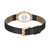 CERRUTI 1881 WATCH, View of the back of the watch showing the rose gold case, black leather strap, and stainless steel back engraved with brand details and model number.