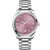 Omega Seamaster 38 mm, stainless steel wristwatch with pink dial, date display at 6 o'clock, and silver hour markers and hands.