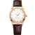 Omega Seamaster 37 mm watch, elegant timepiece with a gold case, white dial, gold markers, and brown leather strap.