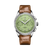 Breitling Premier B09 Chronograph 40, wristwatch with lime green dial, silver case, two subdials, and brown leather strap.