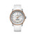 BREITLING Navitimer Automatic 35 watch with white mother-of-pearl dial, diamond hour markers, and a white leather strap.