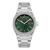 CERRUTI 1881 WATCH, a luxury men's wristwatch with a green textured dial, rose gold accents, and a silver stainless steel bracelet.
