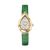 SAINT HONORE PETIT PALAIS watch, luxury women's wristwatch with a teardrop-shaped gold case, diamond accents, white dial, and green leather strap.