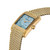SAINT HONORE PALAIS ROYAL watch, gold-tone rectangular wristwatch with a blue patterned dial, diamond accents, and a gold woven bracelet.