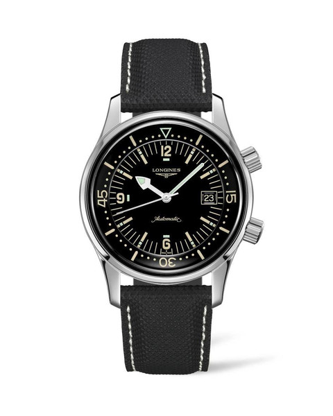 Longines Legend Diver, luxury men's automatic watch with black dial, luminous hands and markers, date display, and black textured strap.