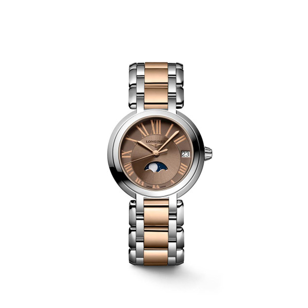 Longines Primaluna watch, two-tone stainless steel and rose gold bracelet with round brown dial featuring Roman numerals and moonphase display.