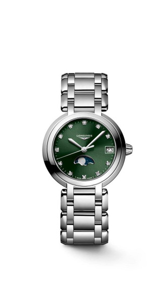 LONGINES PRIMALUNA [L8.115.4.67.6], luxury wristwatch with a silver stainless steel bracelet and a green dial featuring diamond hour markers, a moon phase complication, and a date display.