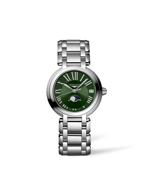 LONGINES PRIMALUNA watch, silver metal bracelet with green dial, Roman numerals, moon phase indicator, and date display.