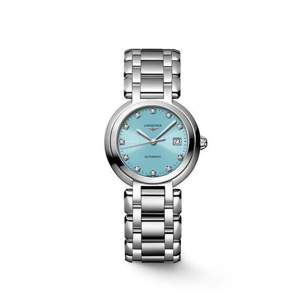 Longines Primaluna, luxury women's wristwatch with a stainless steel bracelet and a light blue dial featuring diamond hour markers and a date display.