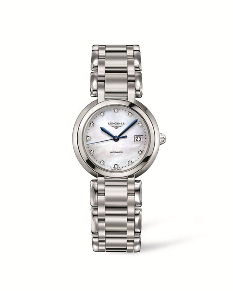 LONGINES PRIMALUNA [L8.113.4.87.6] luxury wristwatch, stainless steel case and bracelet with a white mother-of-pearl dial, blue hands, diamond hour markers, date window, automatic movement, elegant and sophisticated design.