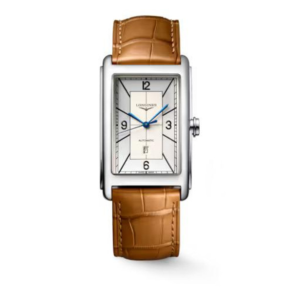 LONGINES DOLCEVITA watch, rectangular silver case with white dial, blue hands, date display, and tan leather strap.
