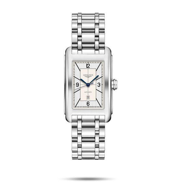 Longines DolceVita watch, silver rectangular dial with black and blue hands, stainless steel bracelet, luxury Swiss watch, model L5.757.4.73.6