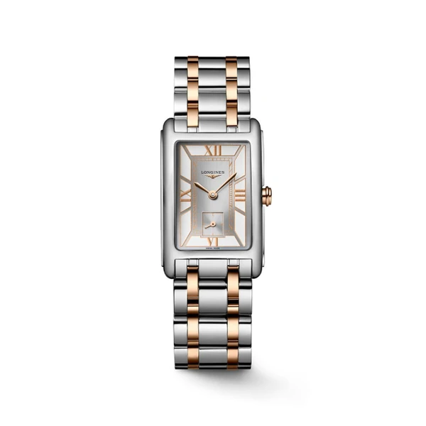 Longines DolceVita watch, luxury rectangular two-tone silver and rose gold wristwatch with Roman numerals and small seconds subdial.