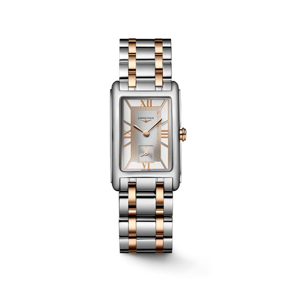 Longines DolceVita watch, luxury rectangular two-tone silver and rose gold wristwatch with Roman numerals and small seconds subdial.