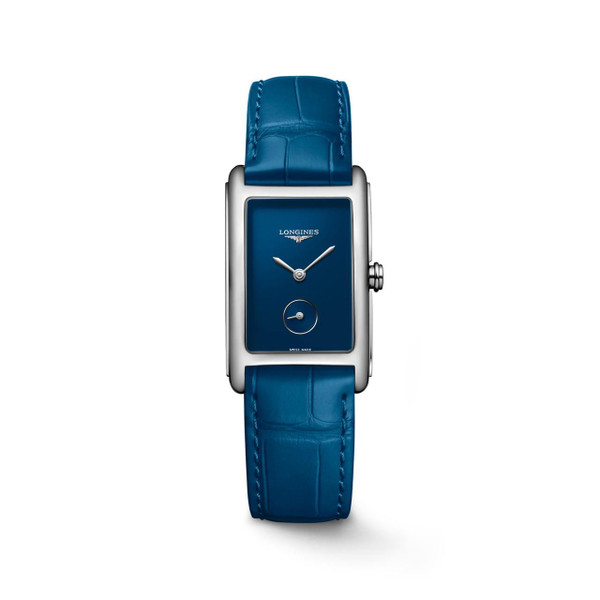 Longines DolceVita, blue dial rectangular watch with blue leather strap.