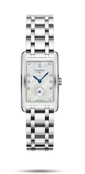 Longines DolceVita watch, rectangular stainless steel case with a white dial, diamond hour markers, blue hands, and a stainless steel bracelet.