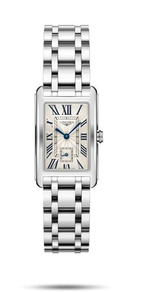 LONGINES DOLCEVITA [L5.512.4.71.6], silver rectangular wristwatch with Roman numeral dial and stainless steel bracelet.