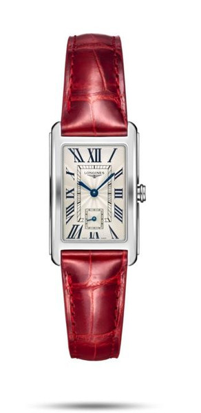 LONGINES DOLCEVITA watch, rectangular silver case with Roman numeral dial and blue hands, featuring a red leather strap.
