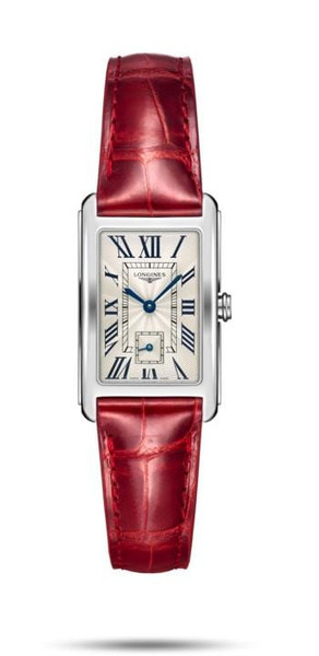 LONGINES DOLCEVITA watch, rectangular silver case with Roman numeral dial and blue hands, featuring a red leather strap.