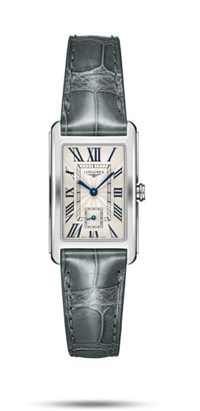 LONGINES DOLCEVITA [L5.512.4.71.3], luxury rectangular wristwatch with silver dial featuring Roman numerals and blue hands, paired with a grey leather strap.